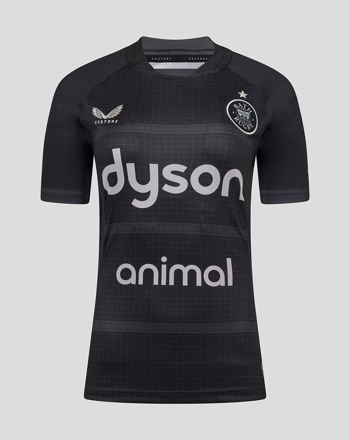 Bath Rugby replica shirt in black with a grid pattern and Dyson Animal sponsor across the chest, Bath Rugby crest on the front