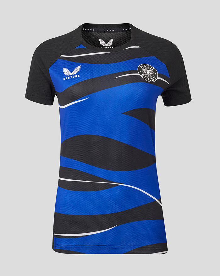 Front view of a women's Bath Rugby graphic short sleeve tee with blue and black abstract pattern and Bath Rugby crest.