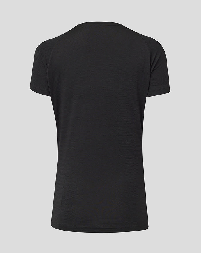 Back view of a plain black short sleeve athletic tee