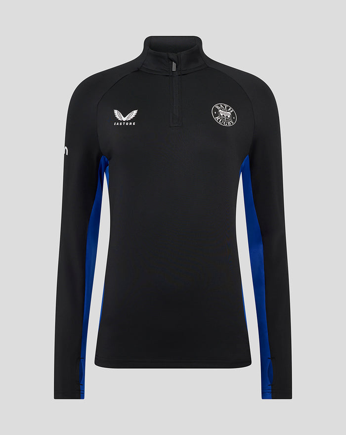Womens Bath Rugby midlayer front view in black with blue side panels and crest on chest