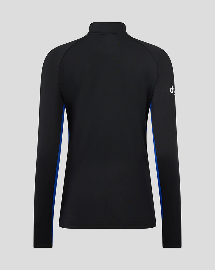 Back view of women's Bath Rugby midlayer in black with long sleeves and high collar.