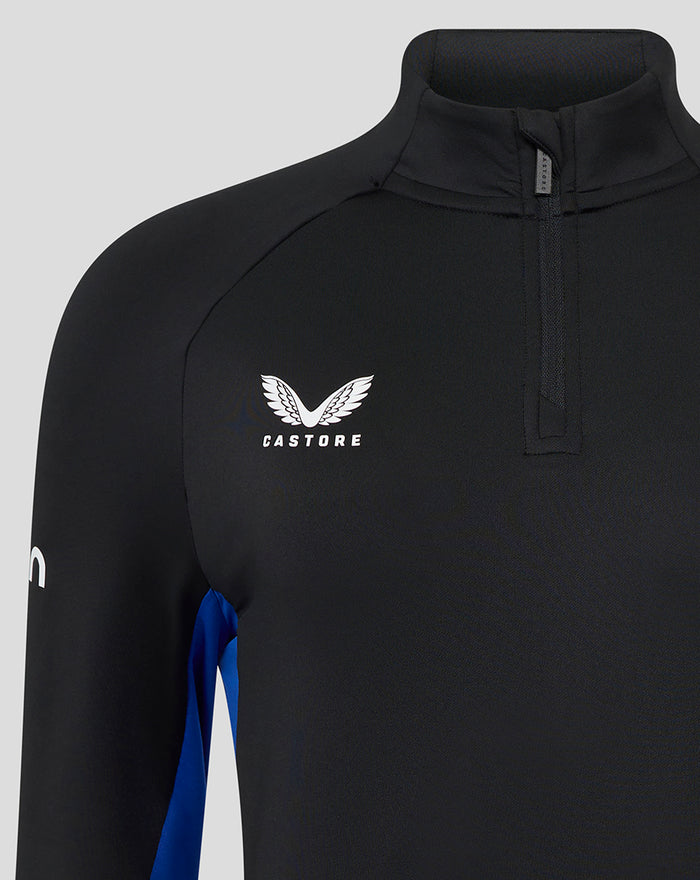 Women's Bath Rugby training midlayer in black with quarter zip, white wing logo on chest and blue side panel.