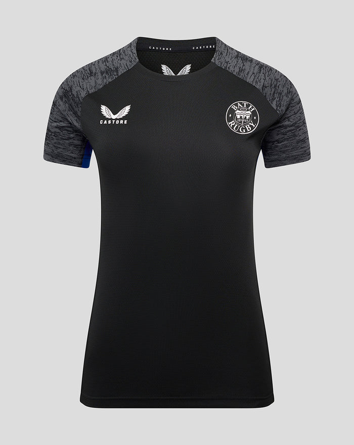Front view of a black Bath Rugby training short sleeve tee with grey marled sleeves and a white crest