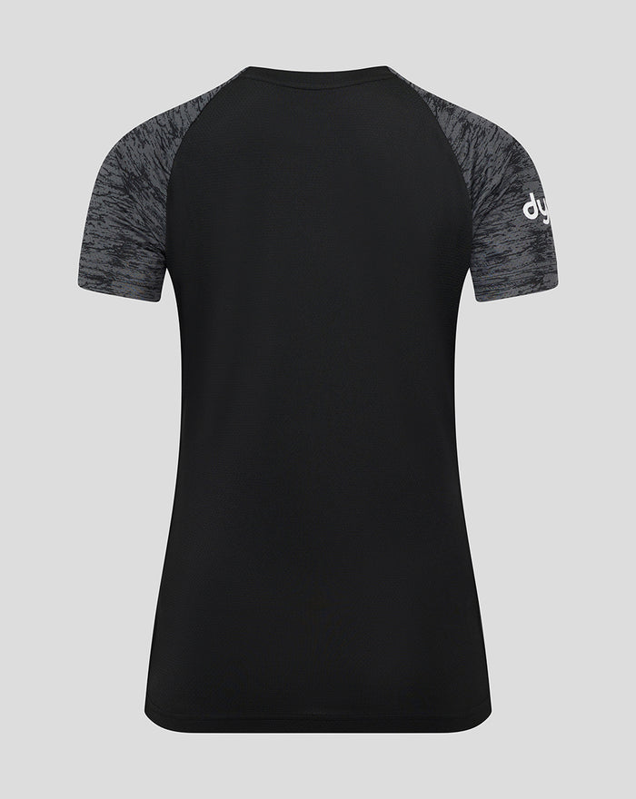 Back view of women's Bath Rugby training short sleeve tee with black body and grey marled sleeves