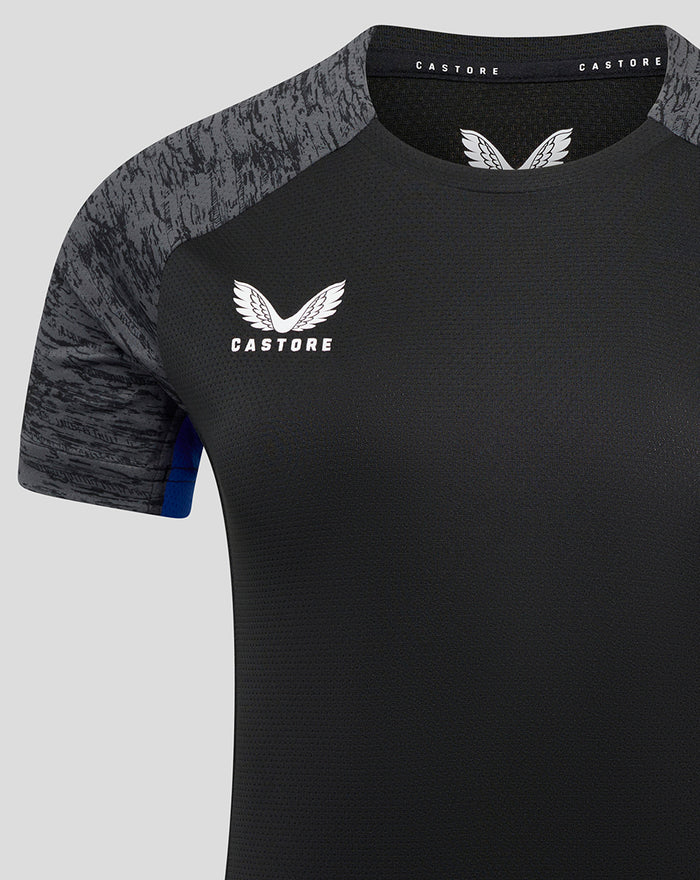 Bath Rugby training short sleeve tee chest view with white Castore wing logo on black fabric