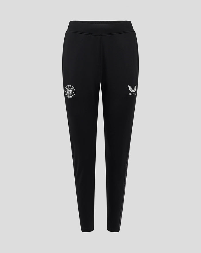 Front view of women's black Bath Rugby knit pant with Bath Rugby logo on left thigh and Castore wing logo on right thigh.