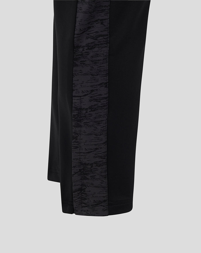 Lower leg view of black Bath Rugby training knit pants with a dark textured side stripe.