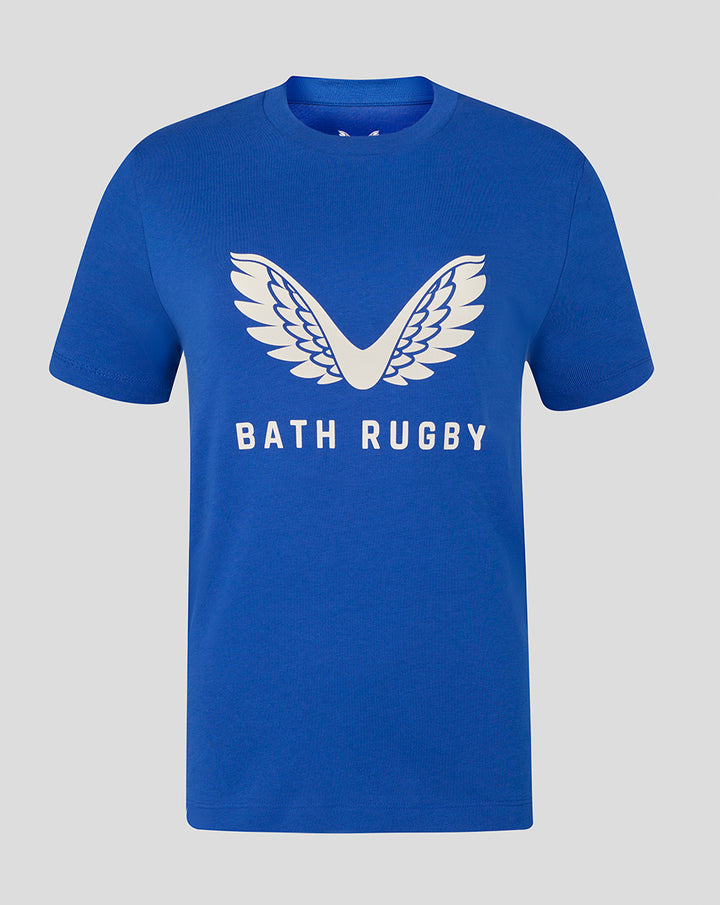 Blue women's T-shirt with a large white wing logo and Bath Rugby text across the chest.