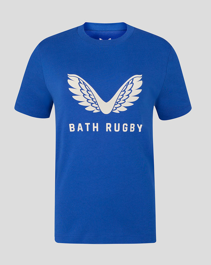 Blue women's T-shirt with a large white wing logo and Bath Rugby text across the chest.