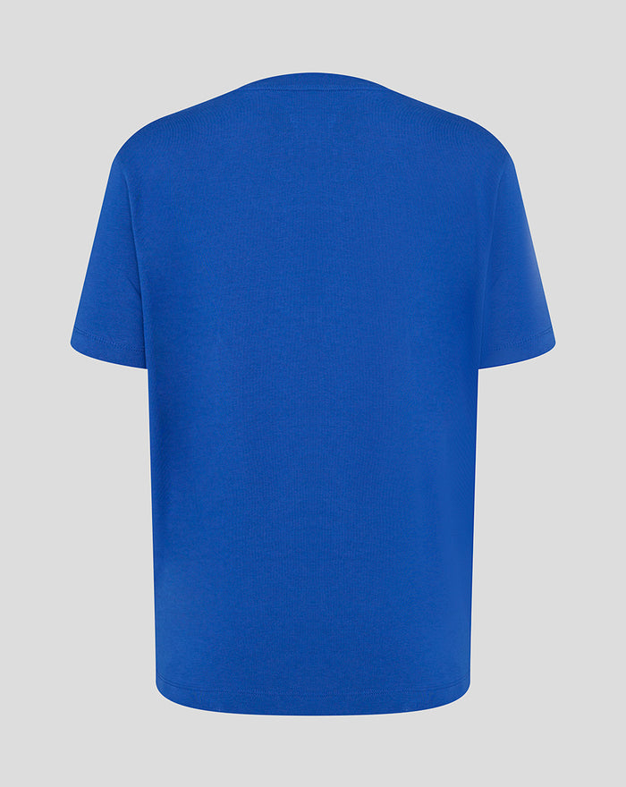 Back view of a bright blue women's short sleeve tee