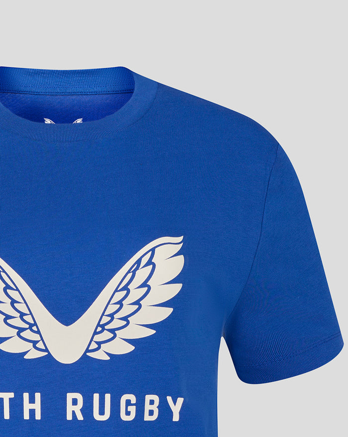 Blue T-shirt chest with white wing graphic and Bath Rugby text partially visible.