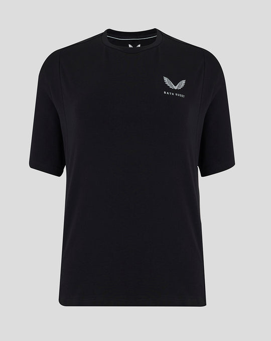 Front view of womens 25/26 Travel Short Sleeve Tee in black with Bath Rugby logo