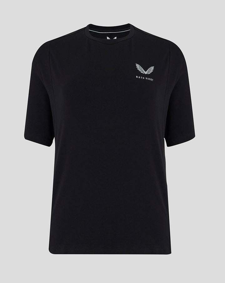 Front view of womens 25/26 Travel Short Sleeve Tee in black with Bath Rugby logo