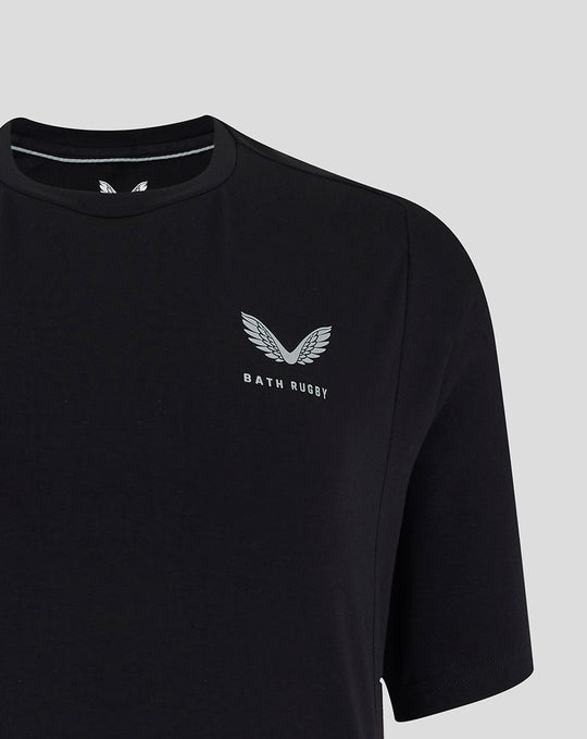 Close up of black Bath Rugby travel tee showing left chest logo with silver wings and Bath Rugby text.