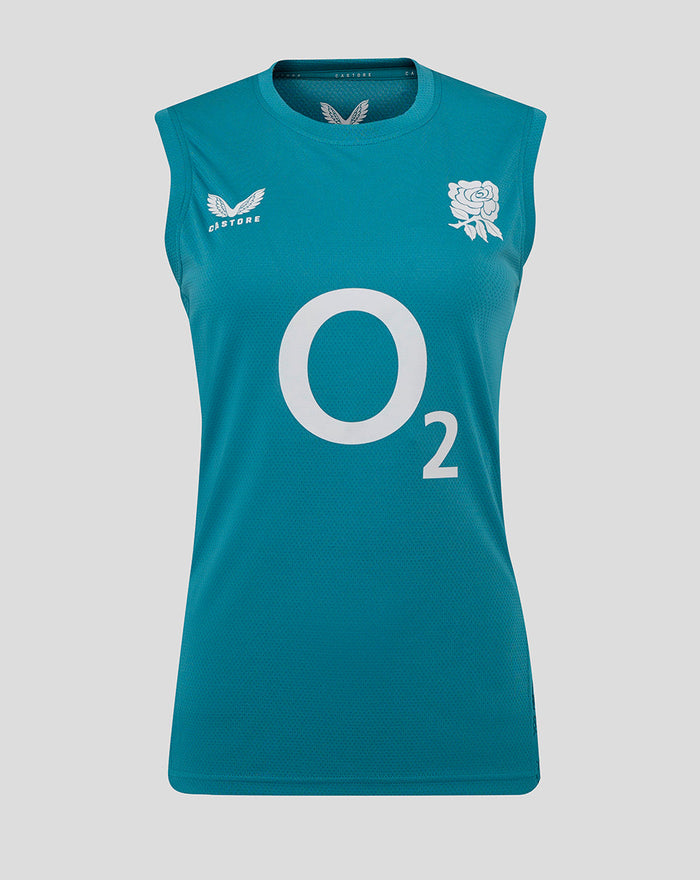 Storm blue England Rugby sleeveless T-shirt front view with large O2 logo center and rose crest on chest