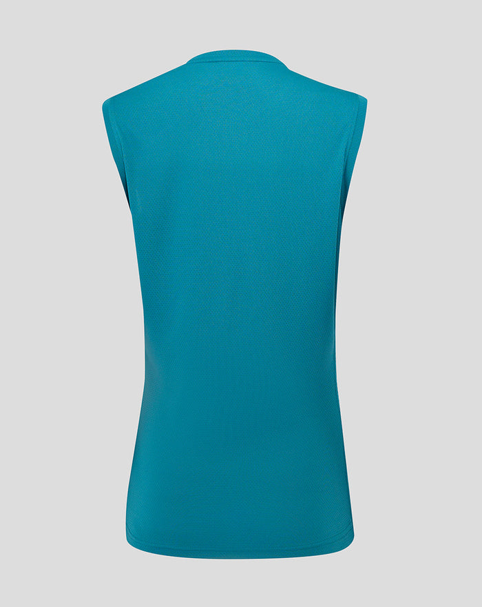 Storm blue England Rugby sleeveless T-shirt back view showing plain fabric and curved hem