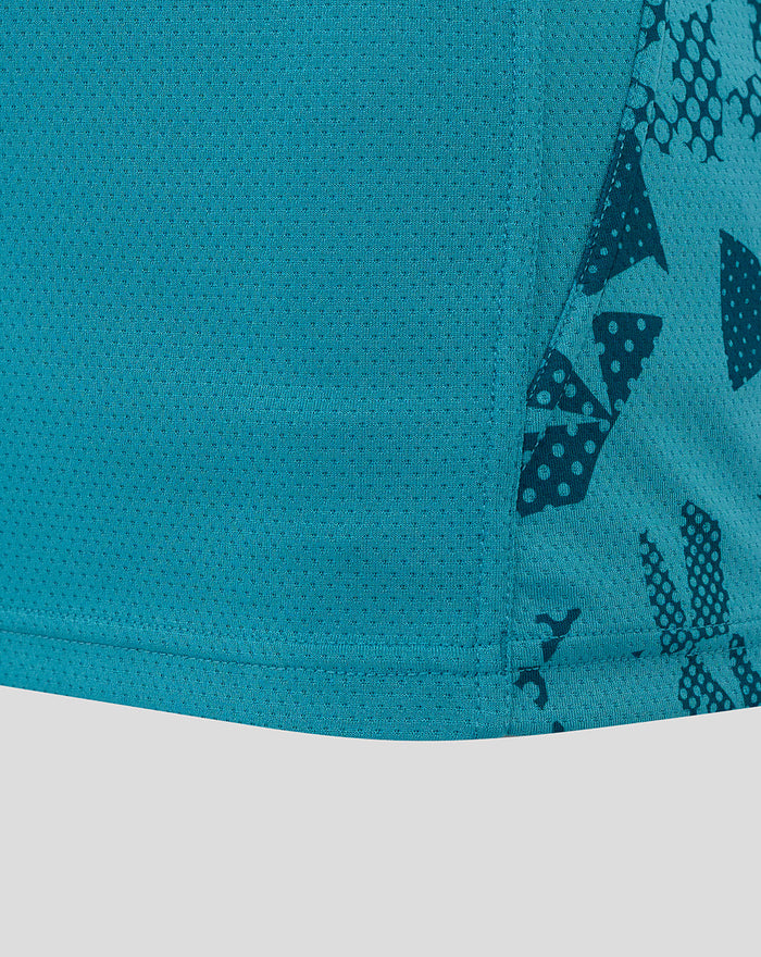 Storm blue sleeveless England Rugby T shirt close up of side panels with abstract print and textured fabric.