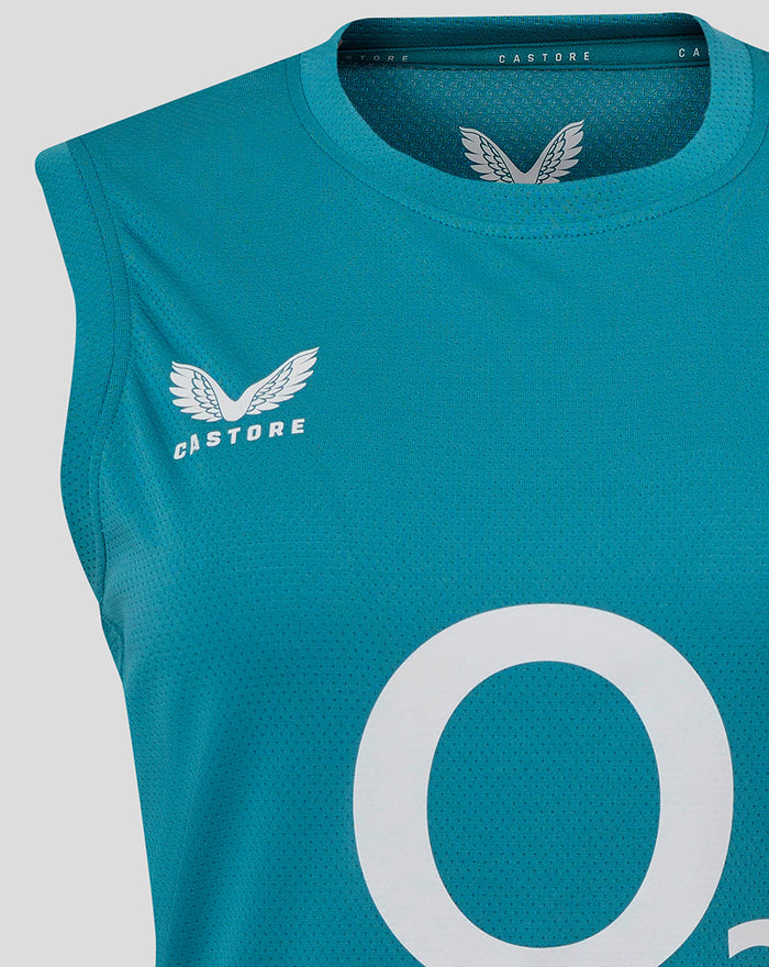 Storm blue sleeveless England Rugby T shirt with Castore logo on chest and central O2 branding.