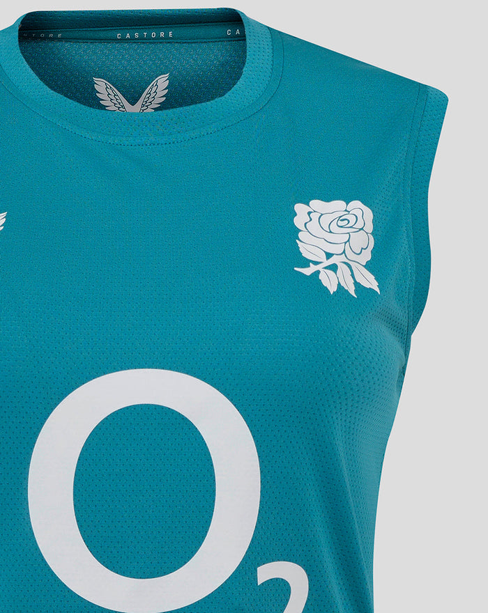 Close-up of storm blue sleeveless rugby top highlighting rose crest on chest and partial O2 logo