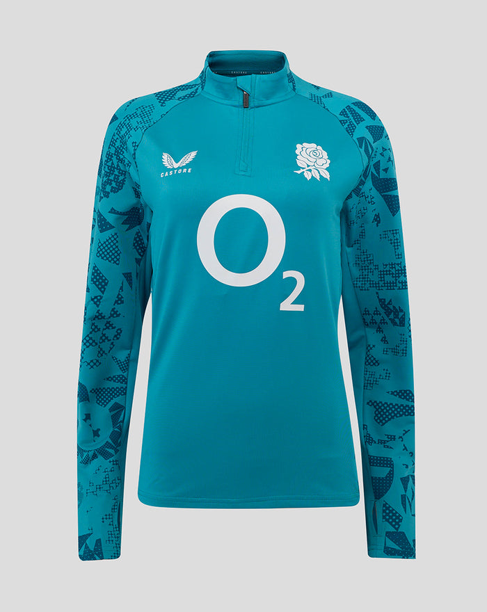 Storm blue Women's England Rugby performance long sleeve midlayer top with rose crest left chest and O2 logo on front.