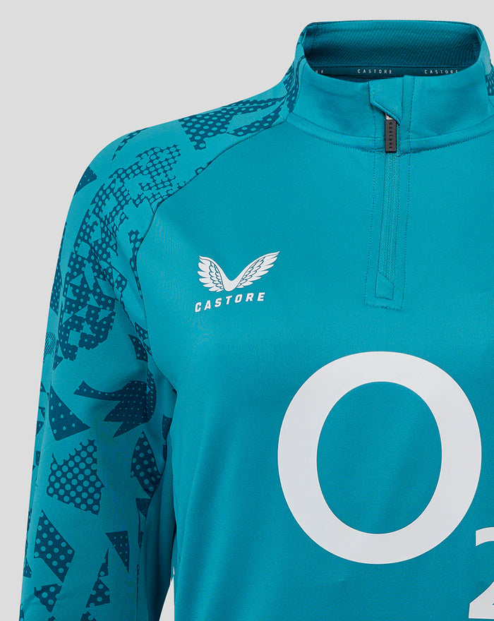 Storm blue Women's England Rugby midlayer top with funnel neck quarter zip rose crest O2 logo and printed sleeves.