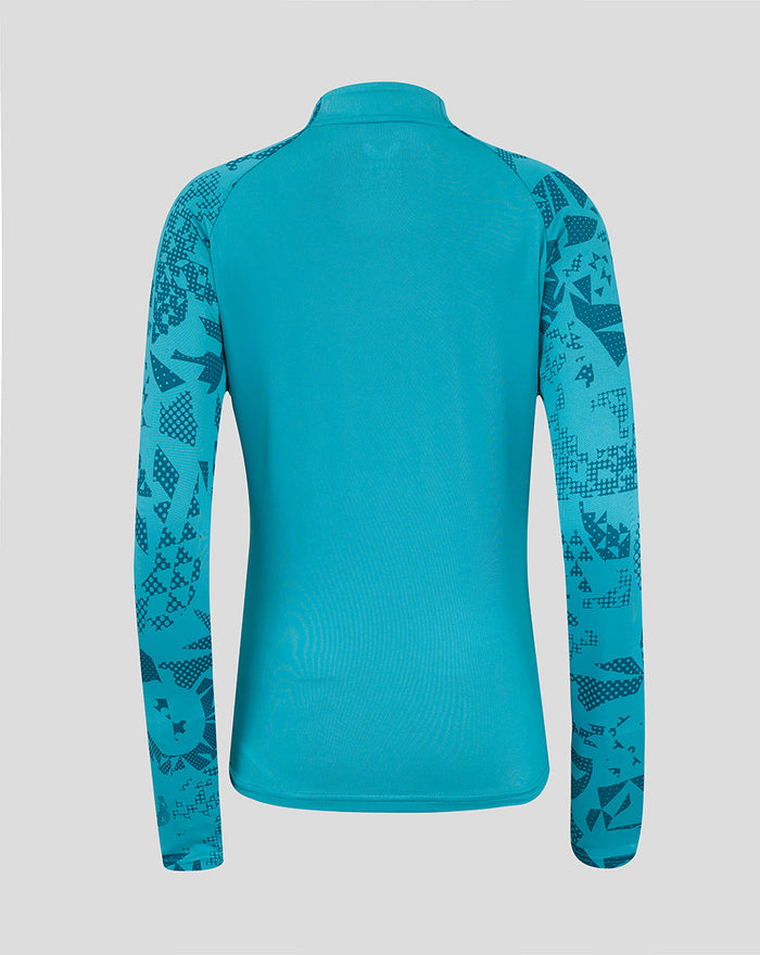Back view of women's storm blue England Rugby midlayer top with abstract side panel print.