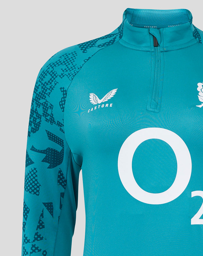 Front view of storm blue England Rugby midlayer top with zip neckline and large O2 graphic on the chest and Castore branding.