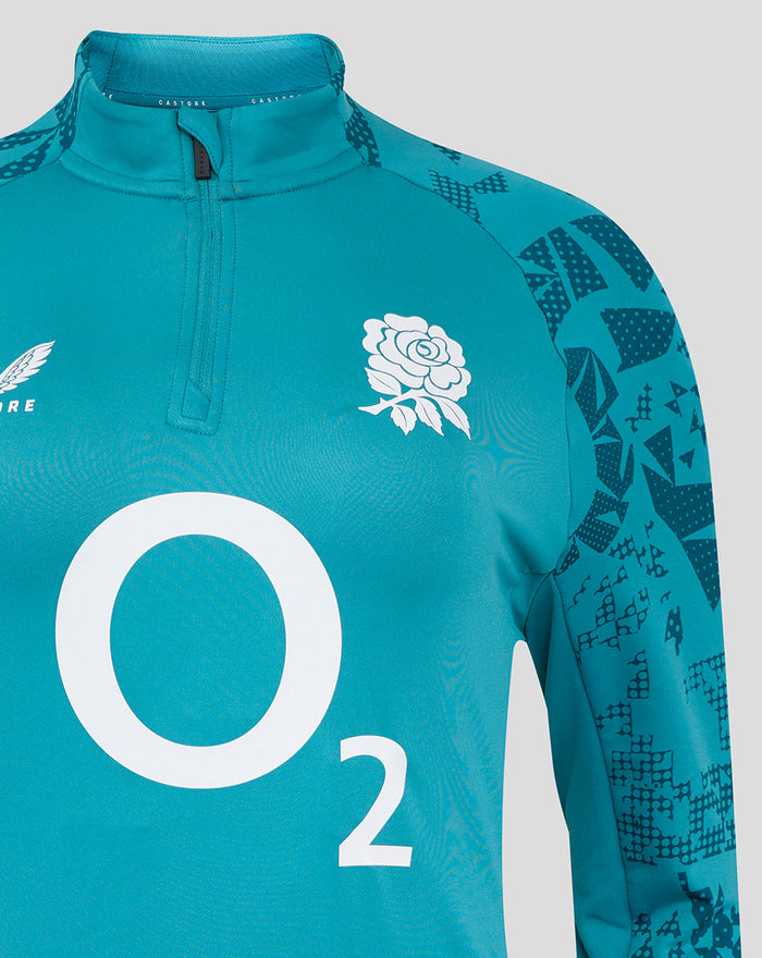 Storm blue England Rugby performance long sleeve midlayer top with funnel neck and center zip, rose crest left chest, O2 logo center, and abstract side panel print.