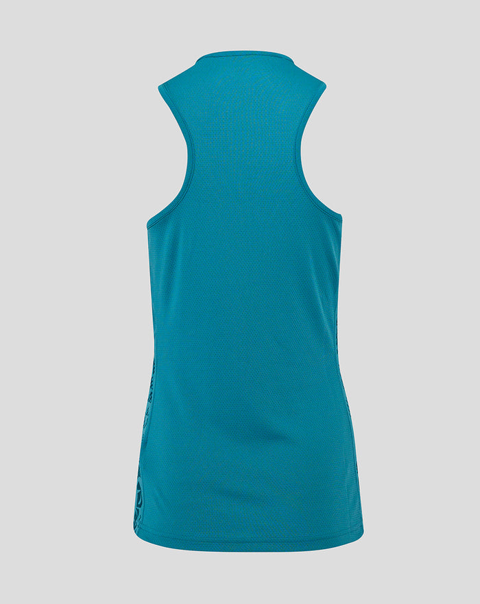 Back view of storm blue Women’s England Rugby Performance sleeveless racer back jersey with curved armholes