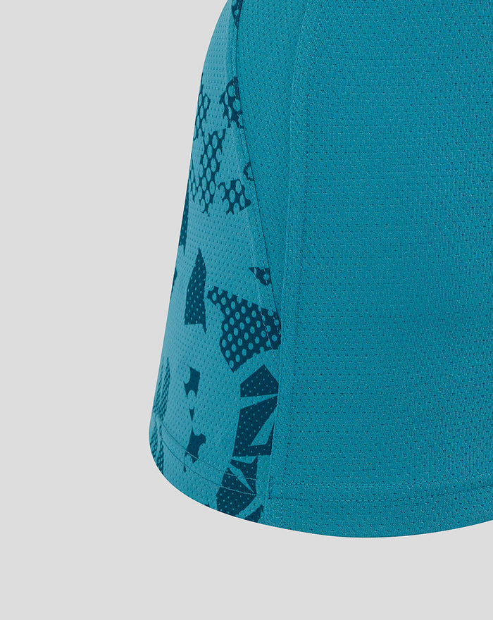 Close up of teal England Rugby performance sleeveless top highlighting abstract side panel print