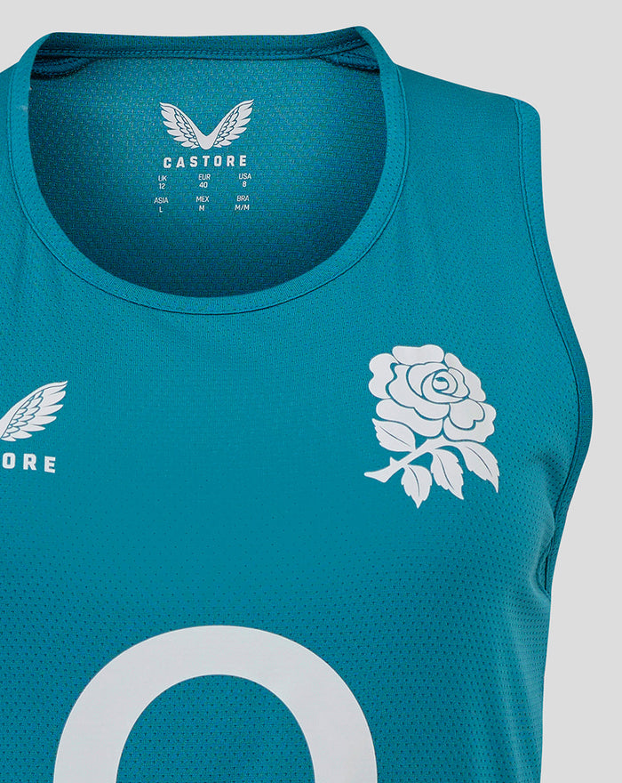 Front close-up of storm blue England Rugby sleeveless jersey showing white rose crest on left chest and Castore branding near the collar