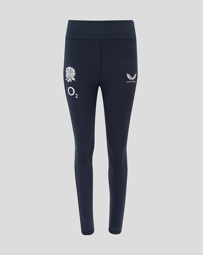 Front view of navy England Rugby leggings with a high-waisted finish, rose crest and O2 logo on the right thigh and Castore logo on the left thigh