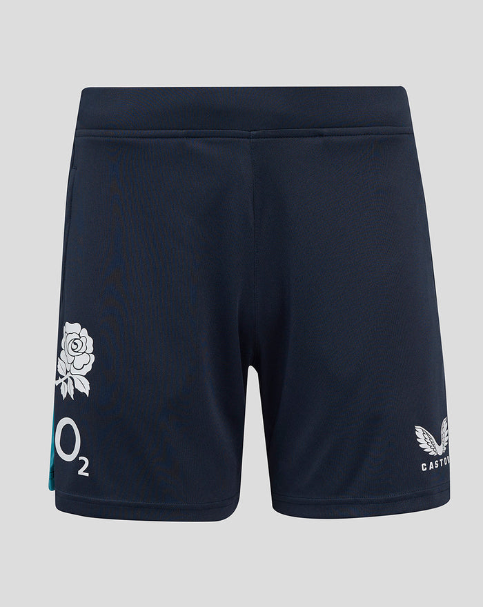 Back view of navy performance knit shorts with elasticated waistband