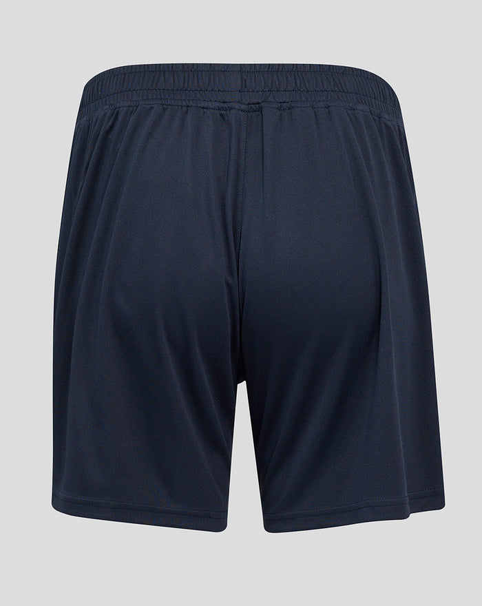 Front view of navy knit shorts featuring O2 logo on left leg rose crest on left thigh and Castore logo on right thigh