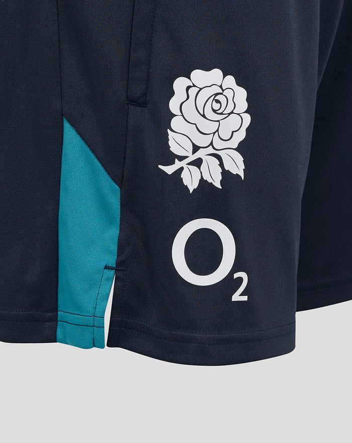 Navy England Rugby knit shorts with teal side panels, rose crest on the right thigh, O2 and Castore logos, and side pockets.