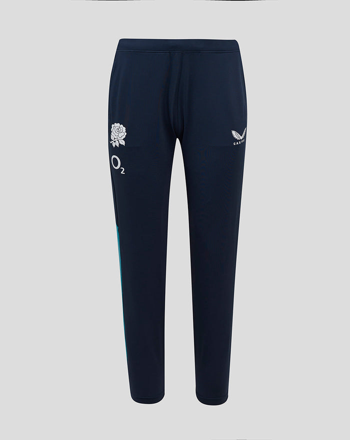 Navy knit training pants with pockets featuring the rose crest O2 and Castore logos on the legs.