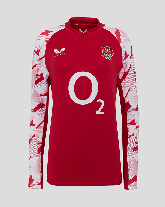 Women's England Rugby pre match long sleeve drill top in red with large O2 logo center front and rose crest on left chest