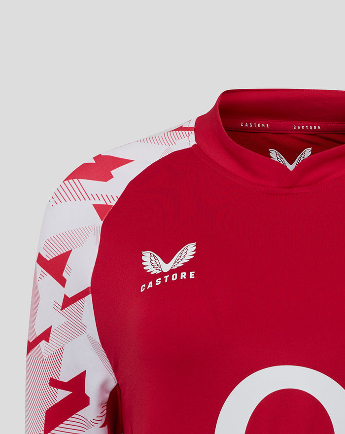 Front close up of red England Rugby drill top with Castore branding at the neckline.