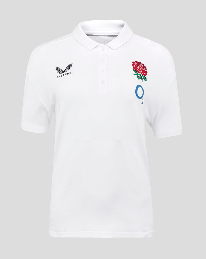 White England Rugby travel polo for women with club crest on left chest and Castore branding on right chest