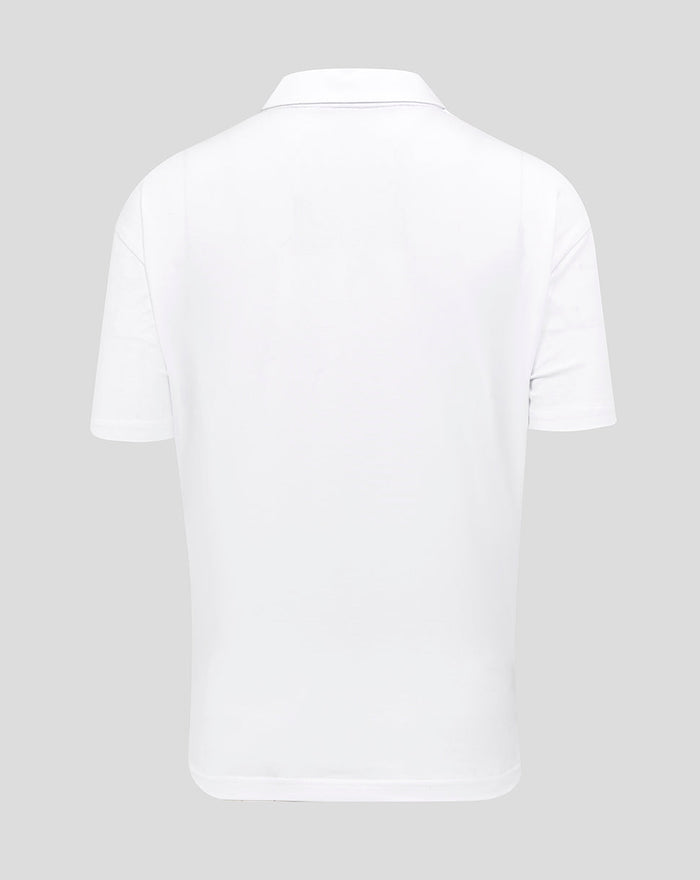 Back view of white England Rugby travel polo with short sleeves and clean collar