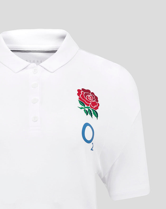 White England Rugby polo with red rose crest on the left chest and O2 sponsor on the front