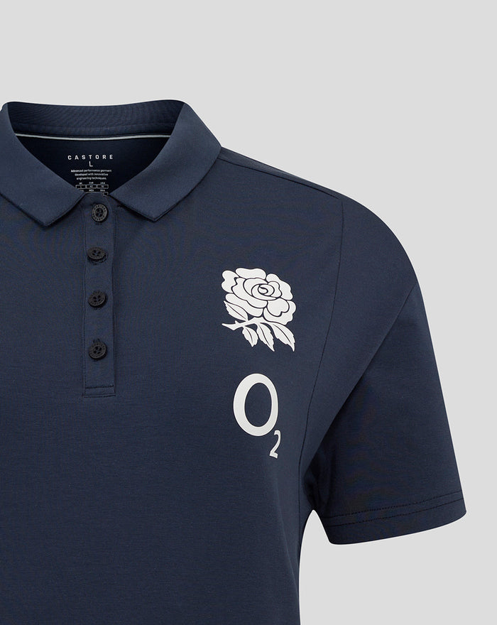 Front view of Inkwell England Rugby Travel Polo chest with club crest and O2 logo