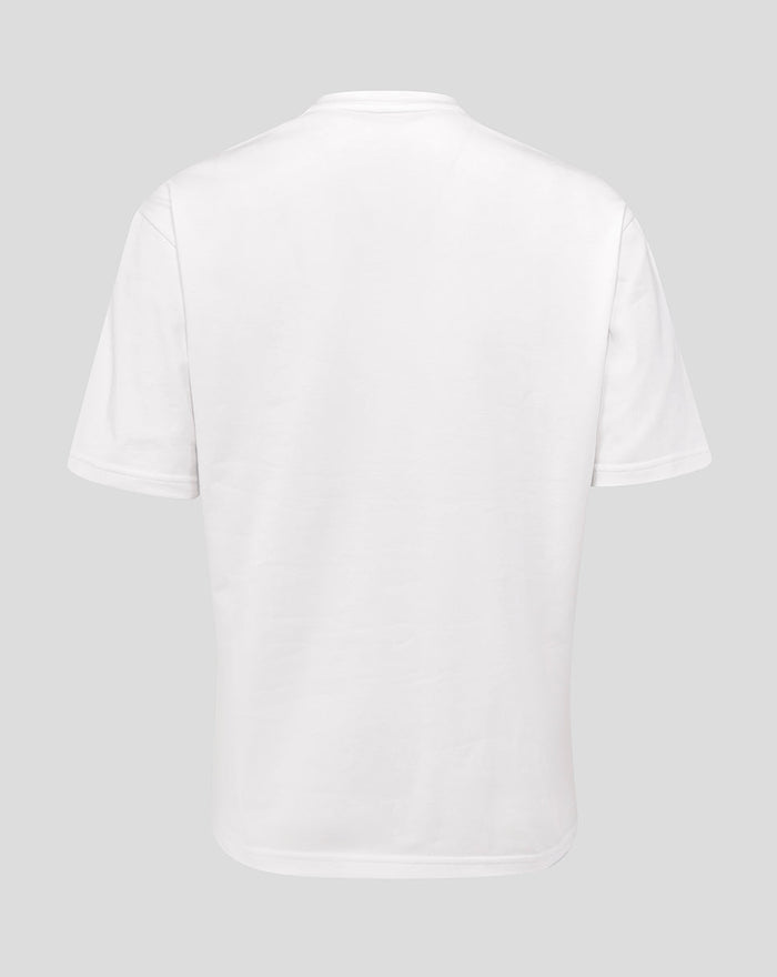 Back view of a plain white England Rugby travel short sleeve tee.