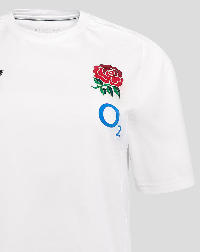 White England Rugby travel short sleeve tee with rose crest on left chest and Castore logo on right chest