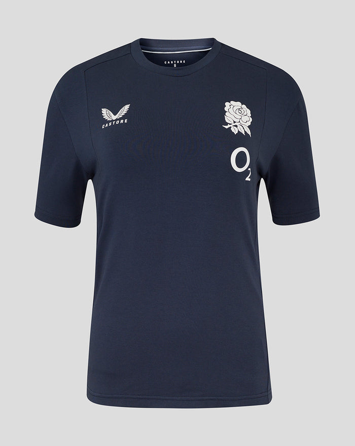 Navy England Rugby travel short sleeve tee with Castore logo on left chest rose crest on right chest and O2 logo