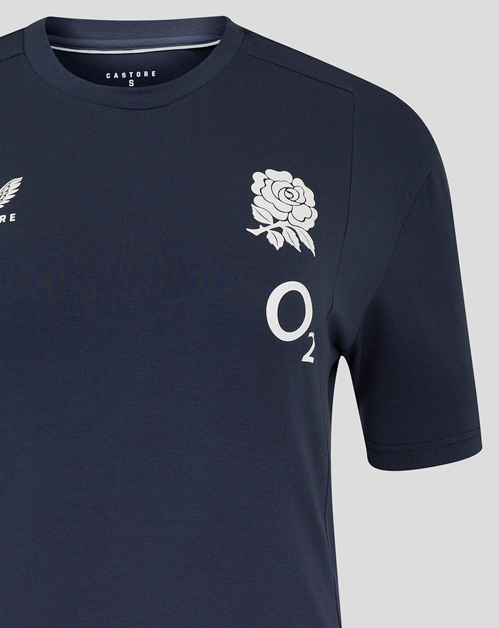 Navy England Rugby travel tee with rose crest on chest and O2 branding