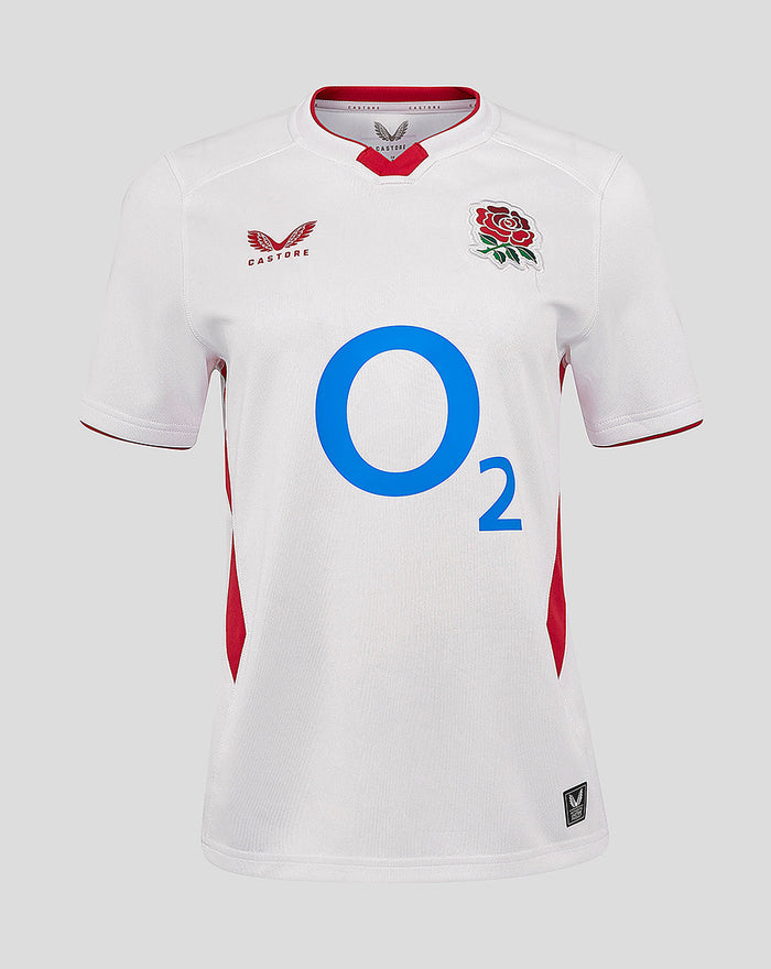 Front view of white England Rugby home shirt with large blue O2 sponsor, rose crest on left chest, and red side panels.