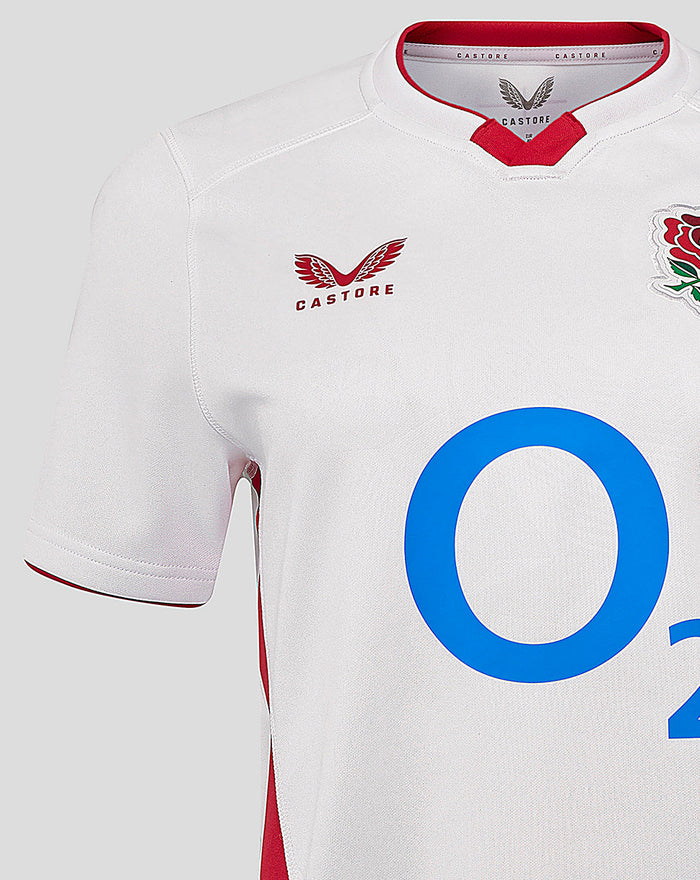Front view of Women’s England Rugby Home Shirt in white with rose crest on left chest, Castore logo on right chest and blue O2 graphic.