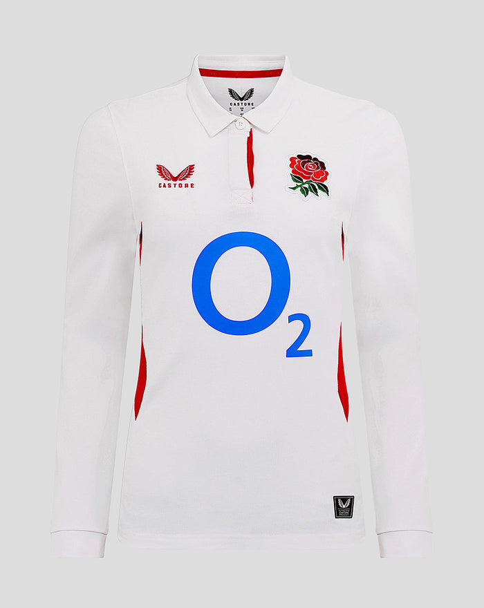 Womens England Rugby Home Classic long sleeve shirt front in white with blue O2 sponsor center, rose crest left chest, Castore logo right chest and red side panels