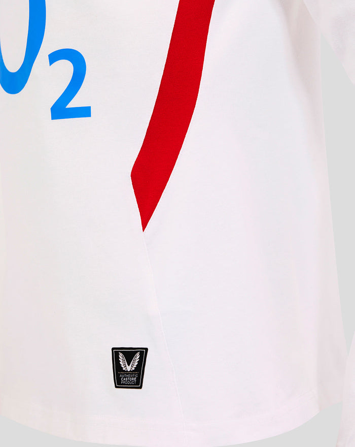 Close-up of white England Rugby Home Classic shirt front showing red placket detail